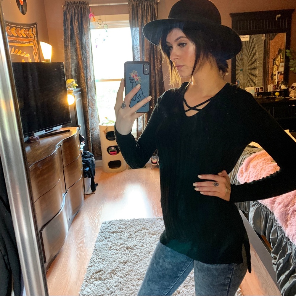 Black Ribbed Criss Cross Long Sleeve Top